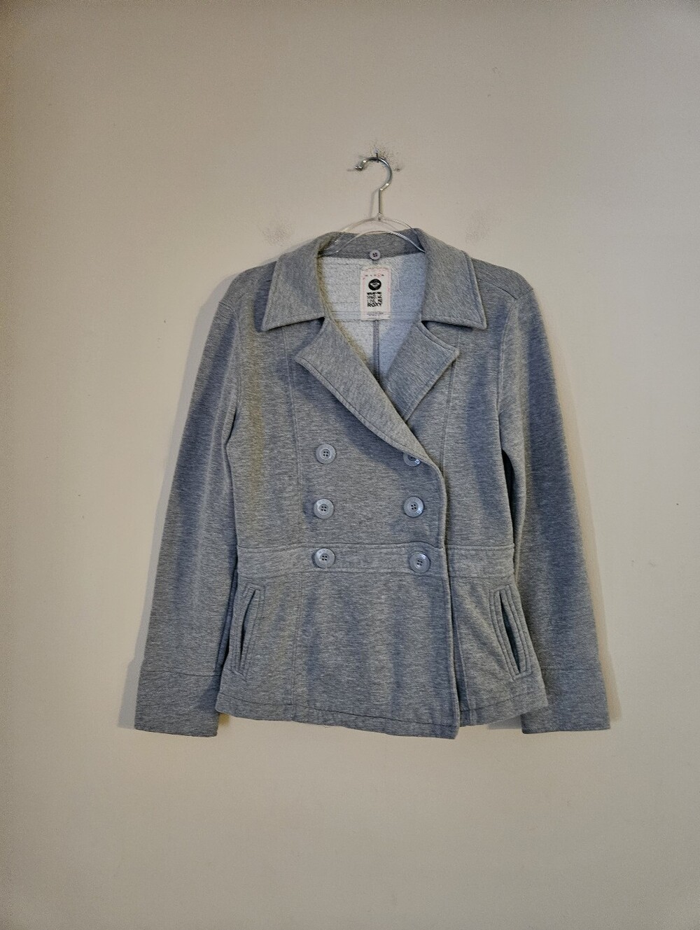 Roxy Light Gray Double-Breasted Pea Coat, Size Large